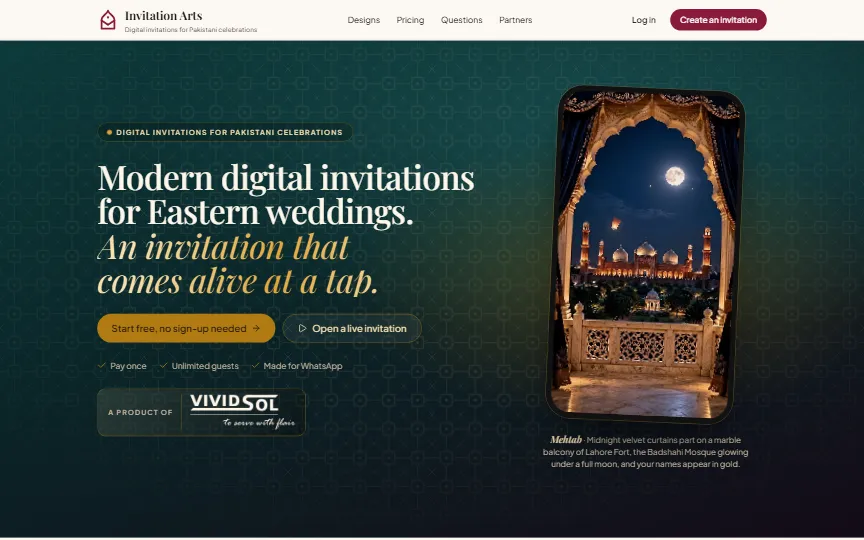 Invitation Arts homepage with an animated wedding invitation preview