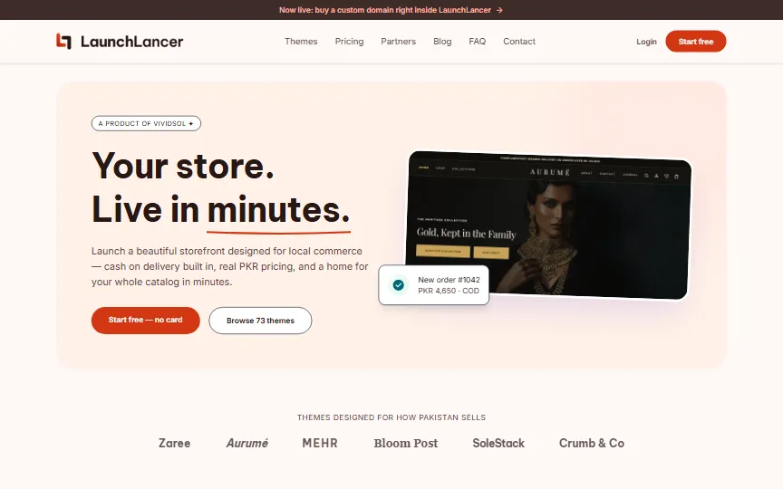 LaunchLancer homepage: “Your store. Live in minutes.” beside a storefront preview