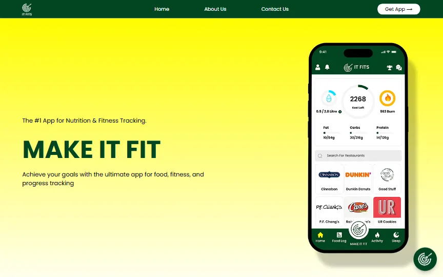 IT FITS website: “Make it fit” beside the nutrition and fitness app on a phone