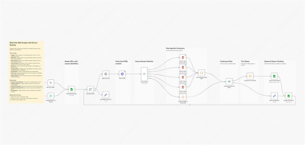 n8n workflow canvas: Build a Multi-Site Content Aggregator with Google Sheets and Custom Extraction Logic
