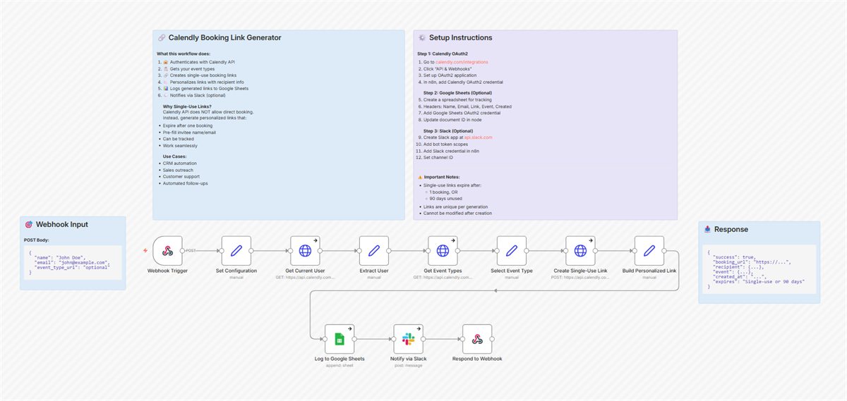 n8n workflow canvas: Generate Single-Use Personalized Calendly Links with Google Sheets Tracking and Slack Alerts